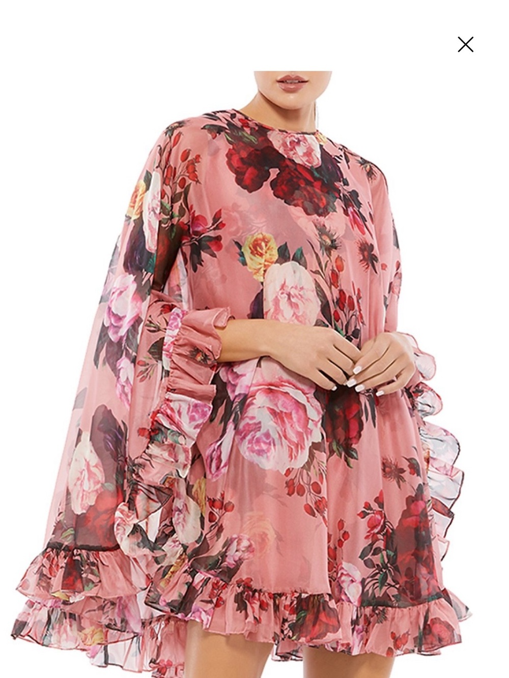 Mac Duggal Floral Print High Neck Ruffle Hem Cape Mini Dress Pink140